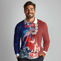Hawaiian and Japanese Together Long Sleeve Polo Shirt The Whale and Koi Fish with Hinomaru and Lei