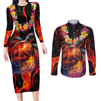 Hawaiian Turtle with Volcanic Eruption Couples Matching Long Sleeve Bodycon Dress and Long Sleeve Button Shirt Hibiscus Lei and Lava Flow an Abstract Texture LT03 Black - Polynesian Pride