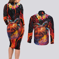 Hawaiian Turtle with Volcanic Eruption Couples Matching Long Sleeve Bodycon Dress and Long Sleeve Button Shirt Hibiscus Lei and Lava Flow an Abstract Texture LT03 - Polynesian Pride