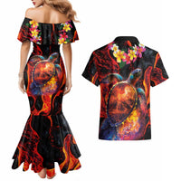 Hawaiian Turtle with Volcanic Eruption Couples Matching Mermaid Dress and Hawaiian Shirt Hibiscus Lei and Lava Flow an Abstract Texture LT03 - Polynesian Pride