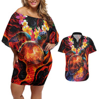 Hawaiian Turtle with Volcanic Eruption Couples Matching Off Shoulder Short Dress and Hawaiian Shirt Hibiscus Lei and Lava Flow an Abstract Texture LT03 Black - Polynesian Pride