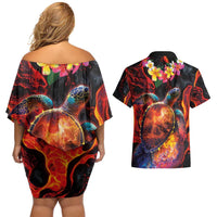 Hawaiian Turtle with Volcanic Eruption Couples Matching Off Shoulder Short Dress and Hawaiian Shirt Hibiscus Lei and Lava Flow an Abstract Texture LT03 - Polynesian Pride