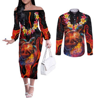 Hawaiian Turtle with Volcanic Eruption Couples Matching Off The Shoulder Long Sleeve Dress and Long Sleeve Button Shirt Hibiscus Lei and Lava Flow an Abstract Texture LT03 Black - Polynesian Pride
