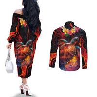 Hawaiian Turtle with Volcanic Eruption Couples Matching Off The Shoulder Long Sleeve Dress and Long Sleeve Button Shirt Hibiscus Lei and Lava Flow an Abstract Texture LT03 - Polynesian Pride