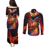 Hawaiian Turtle with Volcanic Eruption Couples Matching Puletasi and Long Sleeve Button Shirt Hibiscus Lei and Lava Flow an Abstract Texture