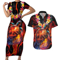 Hawaiian Turtle with Volcanic Eruption Couples Matching Short Sleeve Bodycon Dress and Hawaiian Shirt Hibiscus Lei and Lava Flow an Abstract Texture LT03 Black - Polynesian Pride