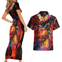 Hawaiian Turtle with Volcanic Eruption Couples Matching Short Sleeve Bodycon Dress and Hawaiian Shirt Hibiscus Lei and Lava Flow an Abstract Texture LT03 - Polynesian Pride