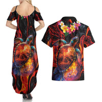 Hawaiian Turtle with Volcanic Eruption Couples Matching Summer Maxi Dress and Hawaiian Shirt Hibiscus Lei and Lava Flow an Abstract Texture LT03 - Polynesian Pride