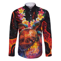 Hawaiian Turtle with Volcanic Eruption Family Matching Off Shoulder Short Dress and Hawaiian Shirt Hibiscus Lei and Lava Flow an Abstract Texture LT03 Dad's Shirt - Long Sleeve Black - Polynesian Pride