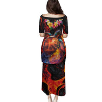 Hawaiian Turtle with Volcanic Eruption Family Matching Puletasi and Hawaiian Shirt Hibiscus Lei and Lava Flow an Abstract Texture