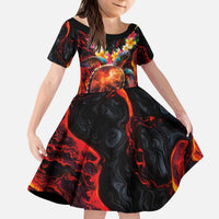 Hawaiian Turtle with Volcanic Eruption Kid Short Sleeve Dress Hibiscus Lei and Lava Flow an Abstract Texture LT03 KID Black - Polynesian Pride
