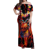 Hawaiian Turtle with Volcanic Eruption Off Shoulder Maxi Dress Hibiscus Lei and Lava Flow an Abstract Texture LT03 Women Black - Polynesian Pride