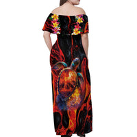 Hawaiian Turtle with Volcanic Eruption Off Shoulder Maxi Dress Hibiscus Lei and Lava Flow an Abstract Texture LT03 - Polynesian Pride