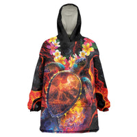 Hawaiian Turtle with Volcanic Eruption Wearable Blanket Hoodie Hibiscus Lei and Lava Flow an Abstract Texture LT03 One Size Black - Polynesian Pride