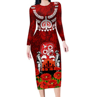 New Zealand ANZAC Waitangi Day Family Matching Long Sleeve Bodycon Dress and Hawaiian Shirt Hei Tiki and Soldier LT03 Mom's Dress Red - Polynesian Pride