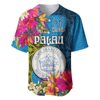 Personalised Palau Independence Day Baseball Jersey 1st October 30th Anniversary Polynesian Jungle Flower LT03 Blue - Polynesian Pride