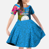 Personalised Palau Independence Day Family Matching Off The Shoulder Long Sleeve Dress and Hawaiian Shirt 1st October 30th Anniversary Polynesian Jungle Flower LT03 Daughter's Dress Blue - Polynesian Pride