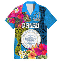 Personalised Palau Independence Day Family Matching Off The Shoulder Long Sleeve Dress and Hawaiian Shirt 1st October 30th Anniversary Polynesian Jungle Flower LT03 Dad's Shirt - Short Sleeve Blue - Polynesian Pride