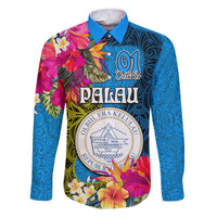 Personalised Palau Independence Day Family Matching Off The Shoulder Long Sleeve Dress and Hawaiian Shirt 1st October 30th Anniversary Polynesian Jungle Flower LT03 Dad's Shirt - Long Sleeve Blue - Polynesian Pride