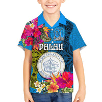 Personalised Palau Independence Day Family Matching Off The Shoulder Long Sleeve Dress and Hawaiian Shirt 1st October 30th Anniversary Polynesian Jungle Flower LT03 Son's Shirt Blue - Polynesian Pride