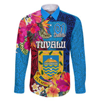 Tuvalu Independence Day Family Matching Off The Shoulder Long Sleeve Dress and Hawaiian Shirt 1st October 46th Anniversary Polynesian Jungle Flower LT03 Dad's Shirt - Long Sleeve Blue - Polynesian Pride