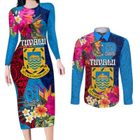 Personalised Tuvalu Independence Day Couples Matching Long Sleeve Bodycon Dress and Long Sleeve Button Shirt 1st October 46th Anniversary Polynesian Jungle Flower