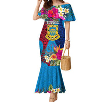 Personalised Tuvalu Independence Day Mermaid Dress 1st October 46th Anniversary Polynesian Jungle Flower LT03 Women Blue - Polynesian Pride
