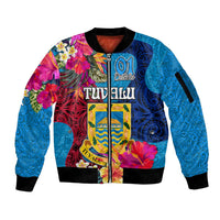 Personalised Tuvalu Independence Day Sleeve Zip Bomber Jacket 1st October 46th Anniversary Polynesian Jungle Flower LT03 Unisex Blue - Polynesian Pride