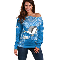 Gulf Isou Rugby Off Shoulder Sweater Papua New Guinea Polynesian Tattoo LT03 Women Blue - Polynesian Pride