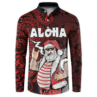Hawaii Aloha Santa Claus Funny Polynesian Tattoo Button Sweatshirt Red Color