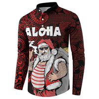 Hawaii Aloha Santa Claus Funny Polynesian Tattoo Button Sweatshirt Red Color