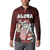 Hawaii Aloha Santa Claus Funny Polynesian Tattoo Button Sweatshirt Red Color