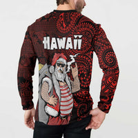 Hawaii Aloha Santa Claus Funny Polynesian Tattoo Button Sweatshirt Red Color
