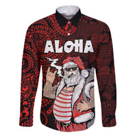 Hawaii Aloha Santa Claus Funny Polynesian Tattoo Family Matching Off The Shoulder Long Sleeve Dress and Hawaiian Shirt Red Color LT03 Dad's Shirt - Long Sleeve Red - Polynesian Pride