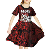 Hawaii Aloha Santa Claus Funny Polynesian Tattoo Kid Short Sleeve Dress Red Color