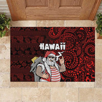 Hawaii Aloha Santa Claus Funny Polynesian Tattoo Rubber Doormat Red Color