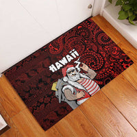 Hawaii Aloha Santa Claus Funny Polynesian Tattoo Rubber Doormat Red Color