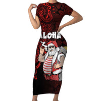 Hawaii Aloha Santa Claus Funny Polynesian Tattoo Short Sleeve Bodycon Dress Red Color