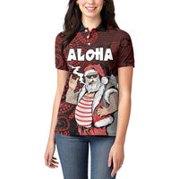 Hawaii Aloha Santa Claus Funny Polynesian Tattoo Women Polo Shirt Red Color