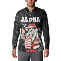 Hawaii Aloha Santa Claus Funny Polynesian Tattoo Button Sweatshirt Black Color
