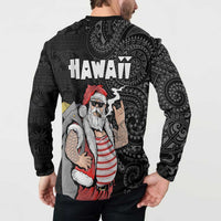 Hawaii Aloha Santa Claus Funny Polynesian Tattoo Button Sweatshirt Black Color