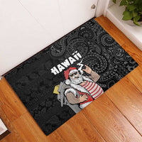 Hawaii Aloha Santa Claus Funny Polynesian Tattoo Rubber Doormat Black Color