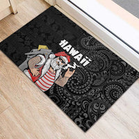 Hawaii Aloha Santa Claus Funny Polynesian Tattoo Rubber Doormat Black Color