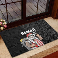 Hawaii Aloha Santa Claus Funny Polynesian Tattoo Rubber Doormat Black Color