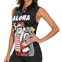 Hawaii Aloha Santa Claus Funny Polynesian Tattoo Women Sleeveless Polo Shirt Black Color