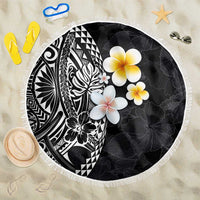 Hawaiian Hibiscus and Plumeria Polynesian Tribal Tattoo Beach Blanket Black Color