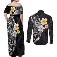 Hawaiian Hibiscus and Plumeria Polynesian Tribal Tattoo Couples Matching Off Shoulder Maxi Dress and Long Sleeve Button Shirt Black Color