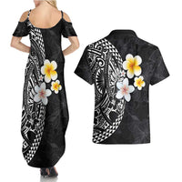 Hawaiian Hibiscus and Plumeria Polynesian Tribal Tattoo Couples Matching Summer Maxi Dress and Hawaiian Shirt Black Color