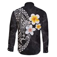 Hawaiian Hibiscus and Plumeria Polynesian Tribal Tattoo Family Matching Long Sleeve Bodycon Dress and Hawaiian Shirt Black Color