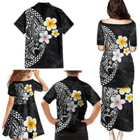 Hawaiian Hibiscus and Plumeria Polynesian Tribal Tattoo Family Matching Puletasi and Hawaiian Shirt Black Color